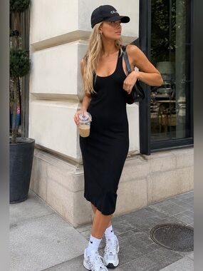 JO & CO Black Ribbed Tank Midi Dress -  Sleek Everyday Style Sz L